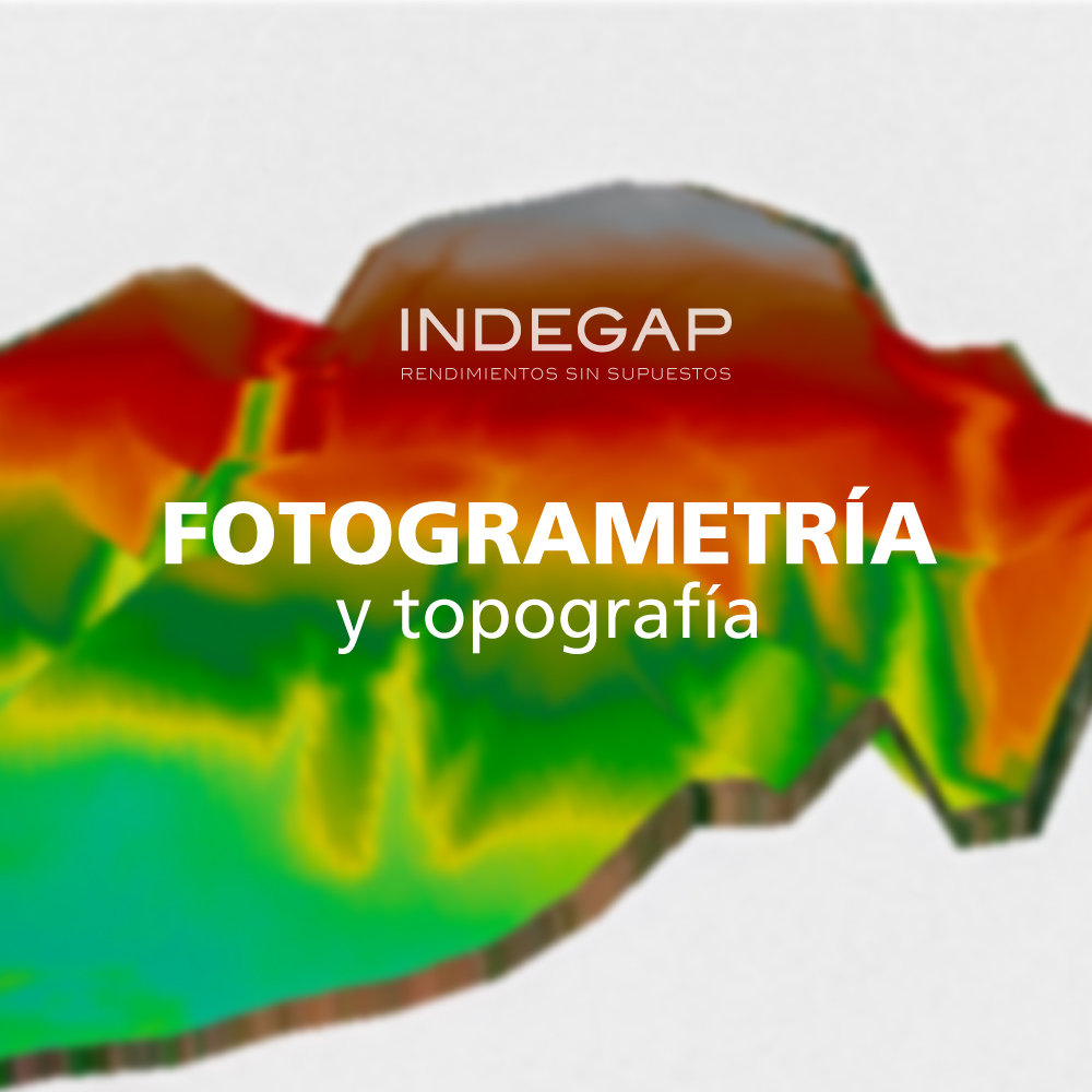 Imagen de un modelo topográfico en colores que representan diferentes elevaciones, con el texto 'FOTOGRAMETRÍA y topografía' superpuesto.