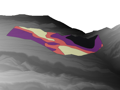 Modelo 3D de una superficie topográfica con áreas coloreadas, utilizado para análisis agronómico y detección de patrones en el terreno.